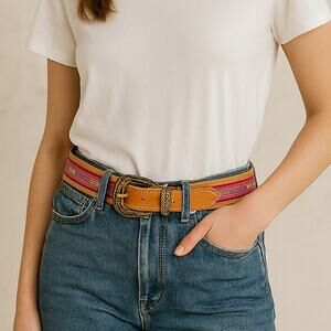 Vintage Aztec Leather Western Belt – SZ S – Boho Style-1.5" Wide